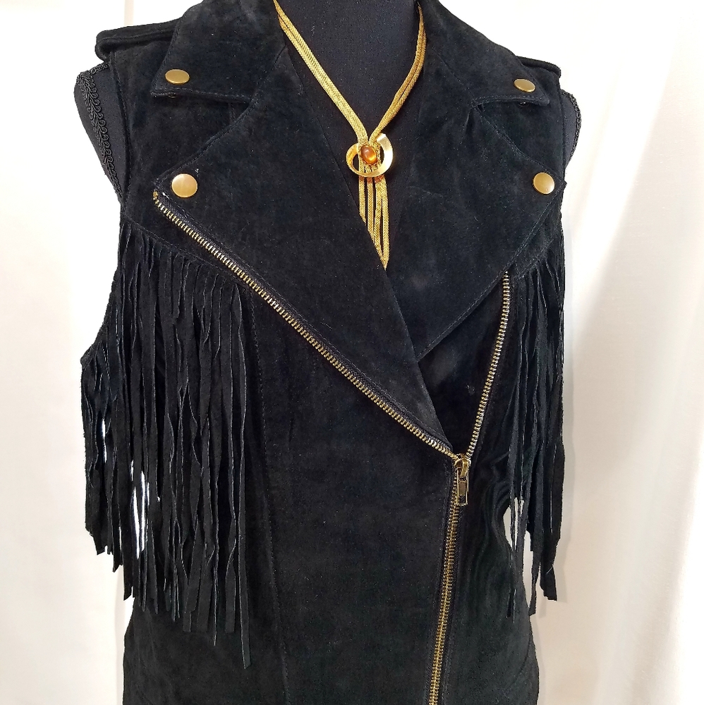 Forever 21 Black Suede Fringed Moto Biker Vest